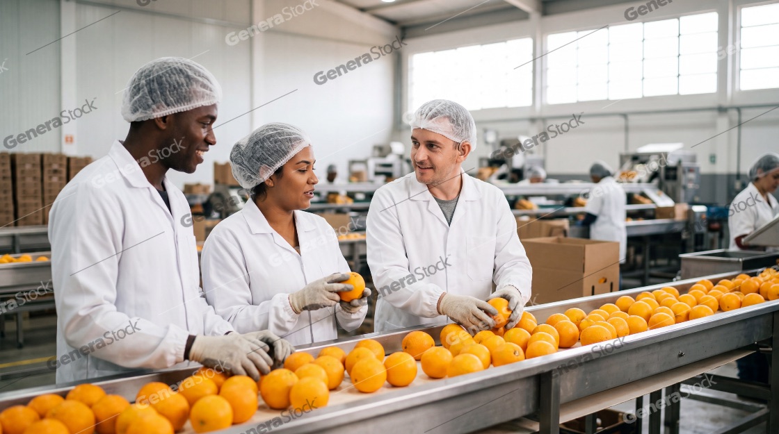 Multi-ethnic team of factory workers in lab coats and hairnets inspecting fresh oranges on a conveyor belt in a food processing facility