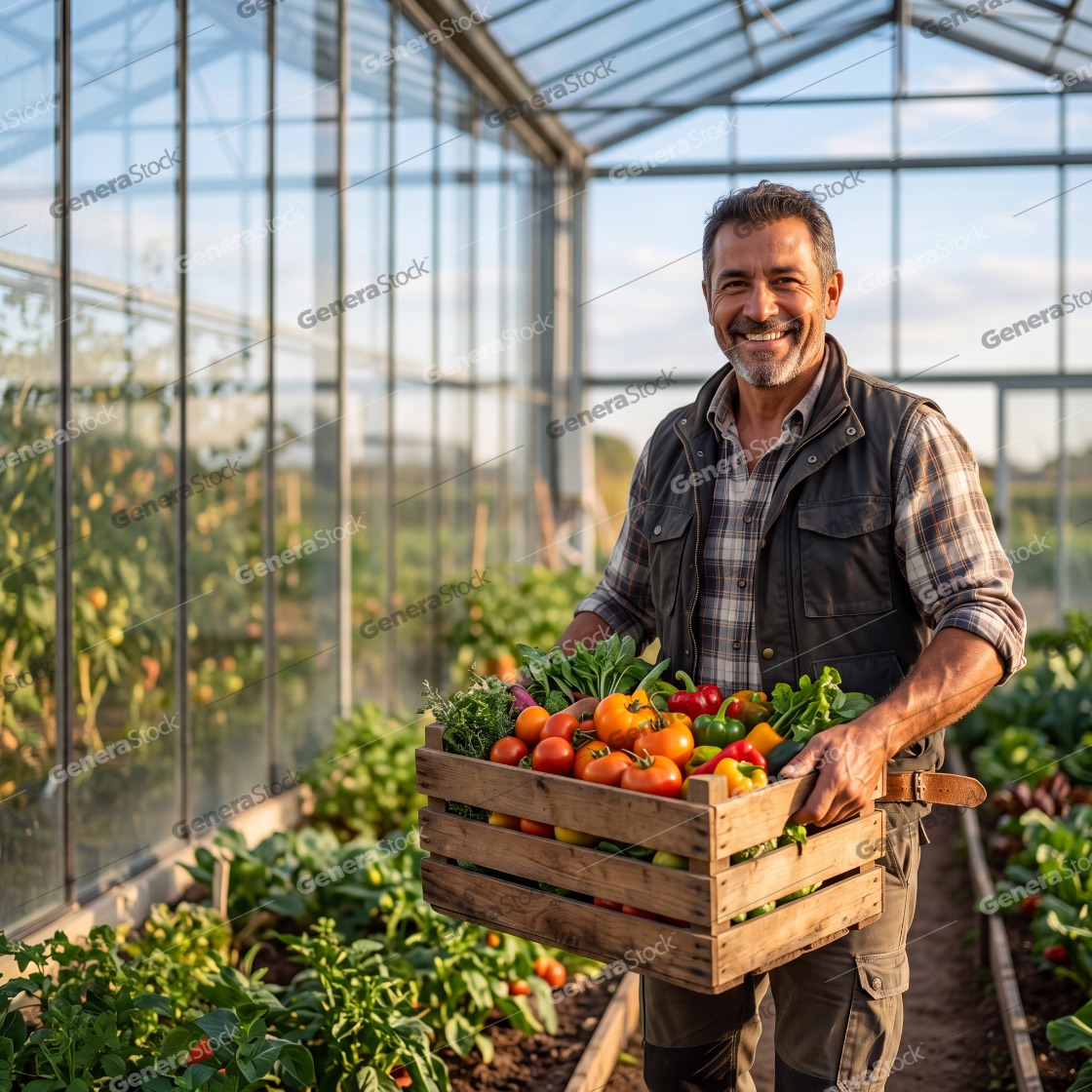 Happy middle-aged farmer holding a wooden crate of fresh organic vegetables in a greenhouse