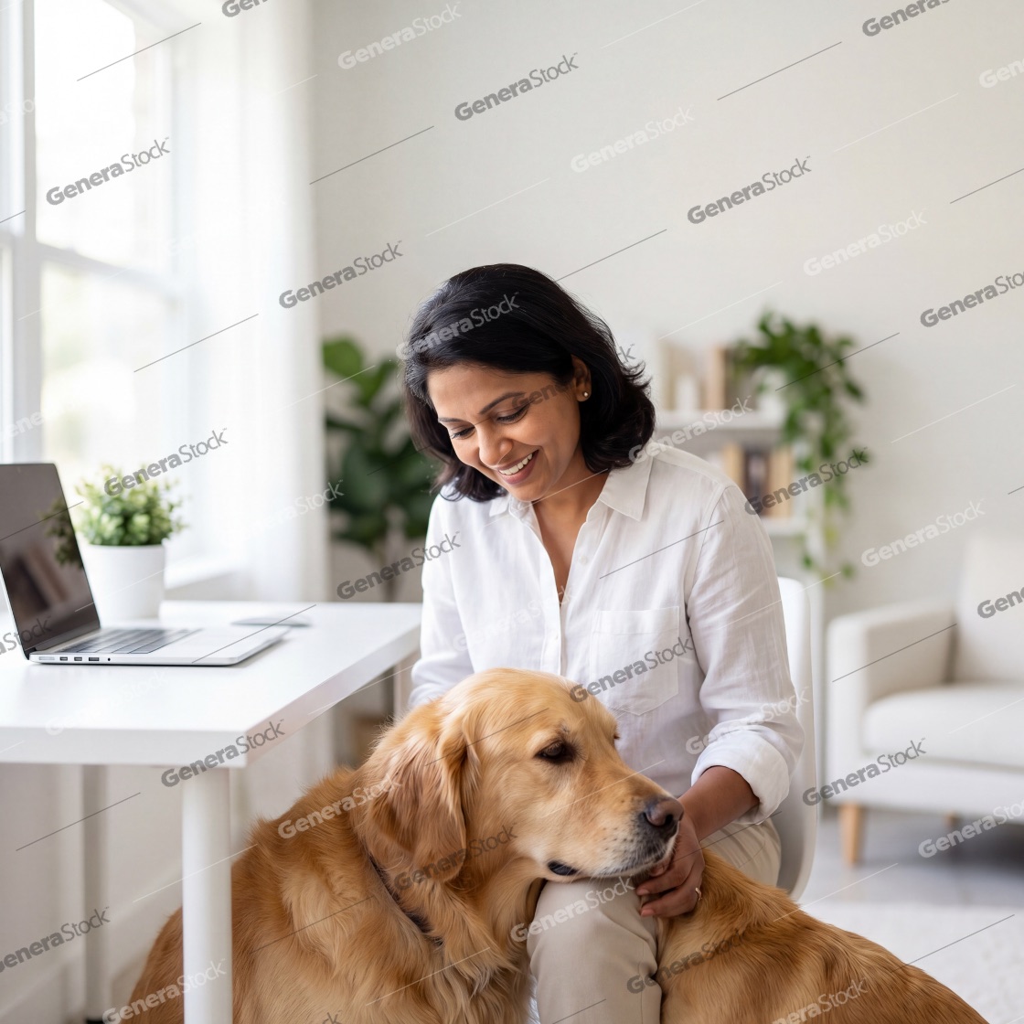 Smiling South Asian woman in a white shirt sits at a desk with a laptop while her golden retriever companion rests its head on her lap in a bright, modern home office environment