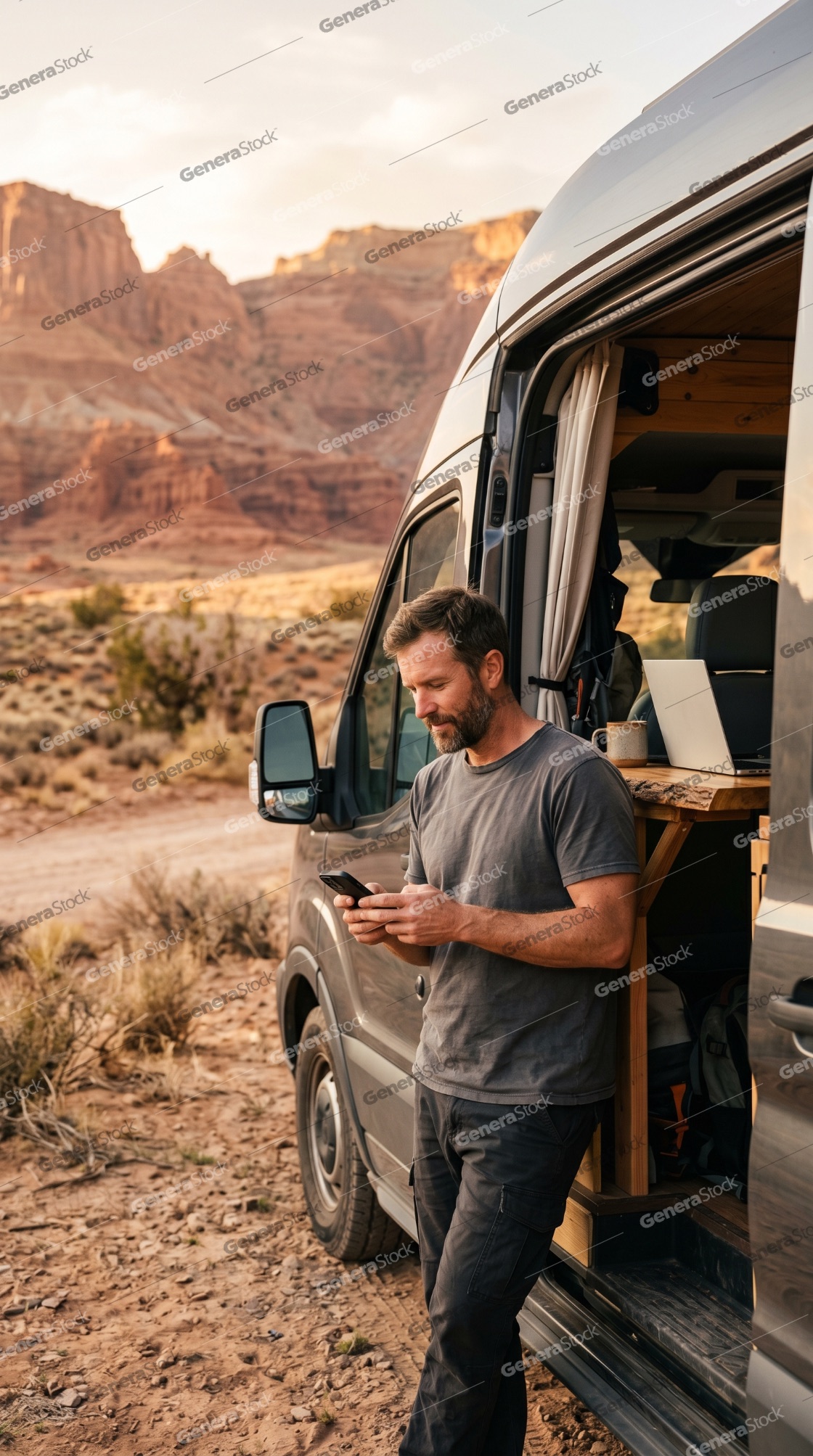 Man Using Smartphone Beside Camper Van in Desert Landscape at Sunset