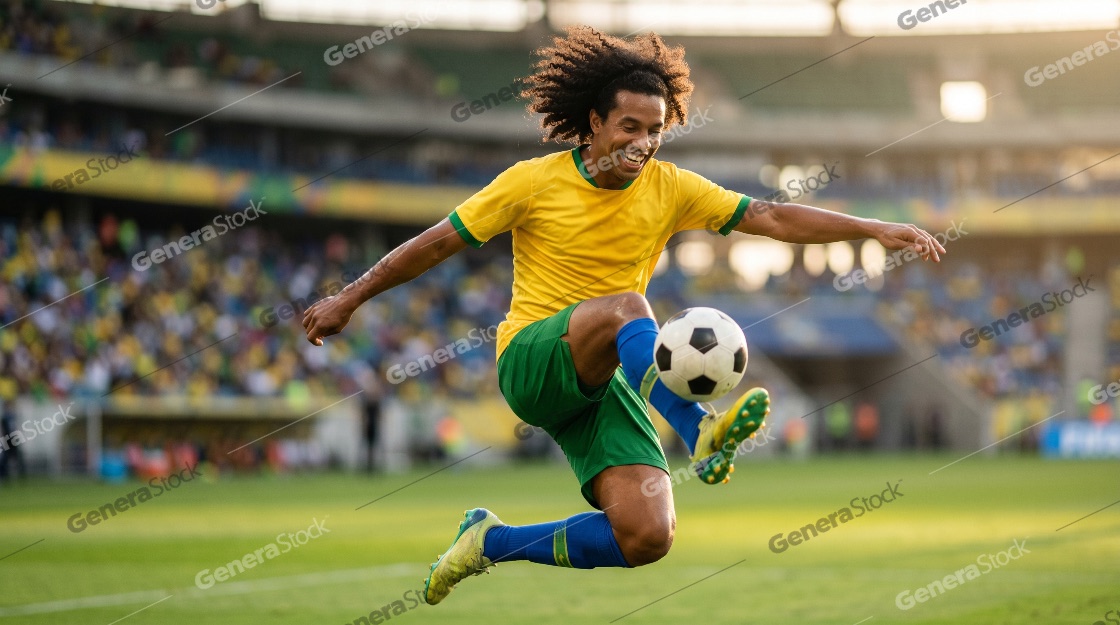 Professional Soccer Player in Yellow and Green Uniform Jumping to Kick Ball in a Crowded Stadium