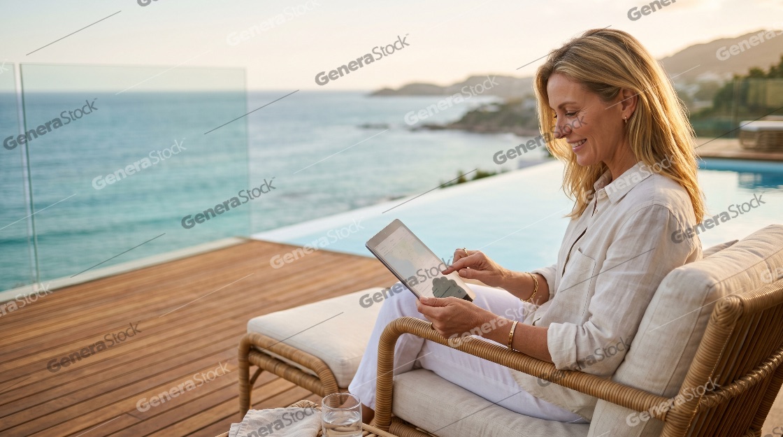 Smiling mature woman using a digital tablet while relaxing on a luxury villa terrace with an infinity pool and stunning ocean view at sunset