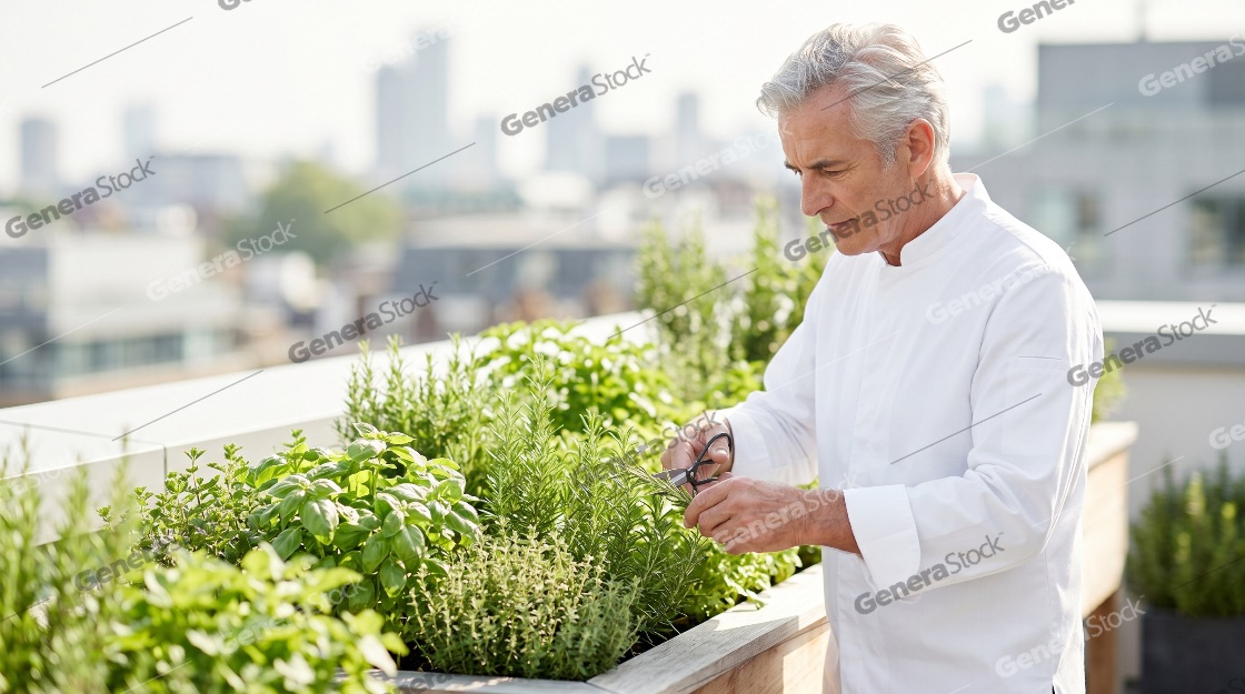Professional senior male chef in white uniform harvesting fresh herbs from a rooftop garden with a city skyline background