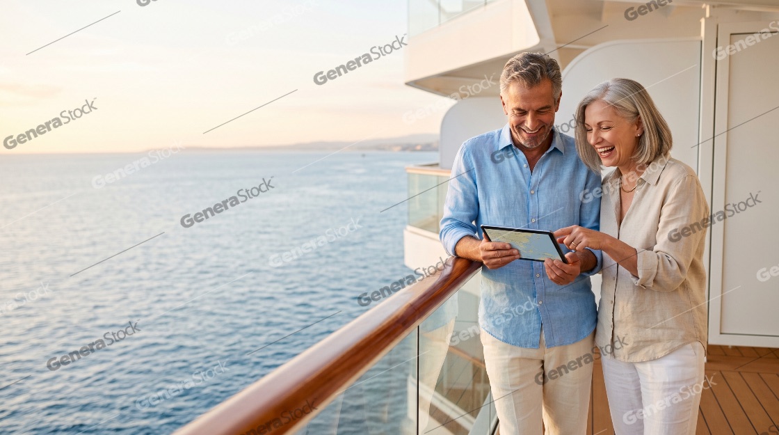 Happy senior couple laughing and using a digital tablet together on a cruise ship balcony with a beautiful ocean view at sunset