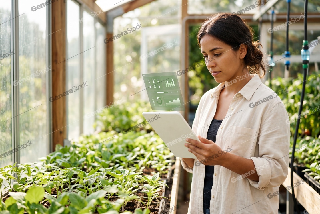 A professional female agronomist using a digital tablet with a holographic data interface to monitor crop health and environmental conditions in a modern greenhouse