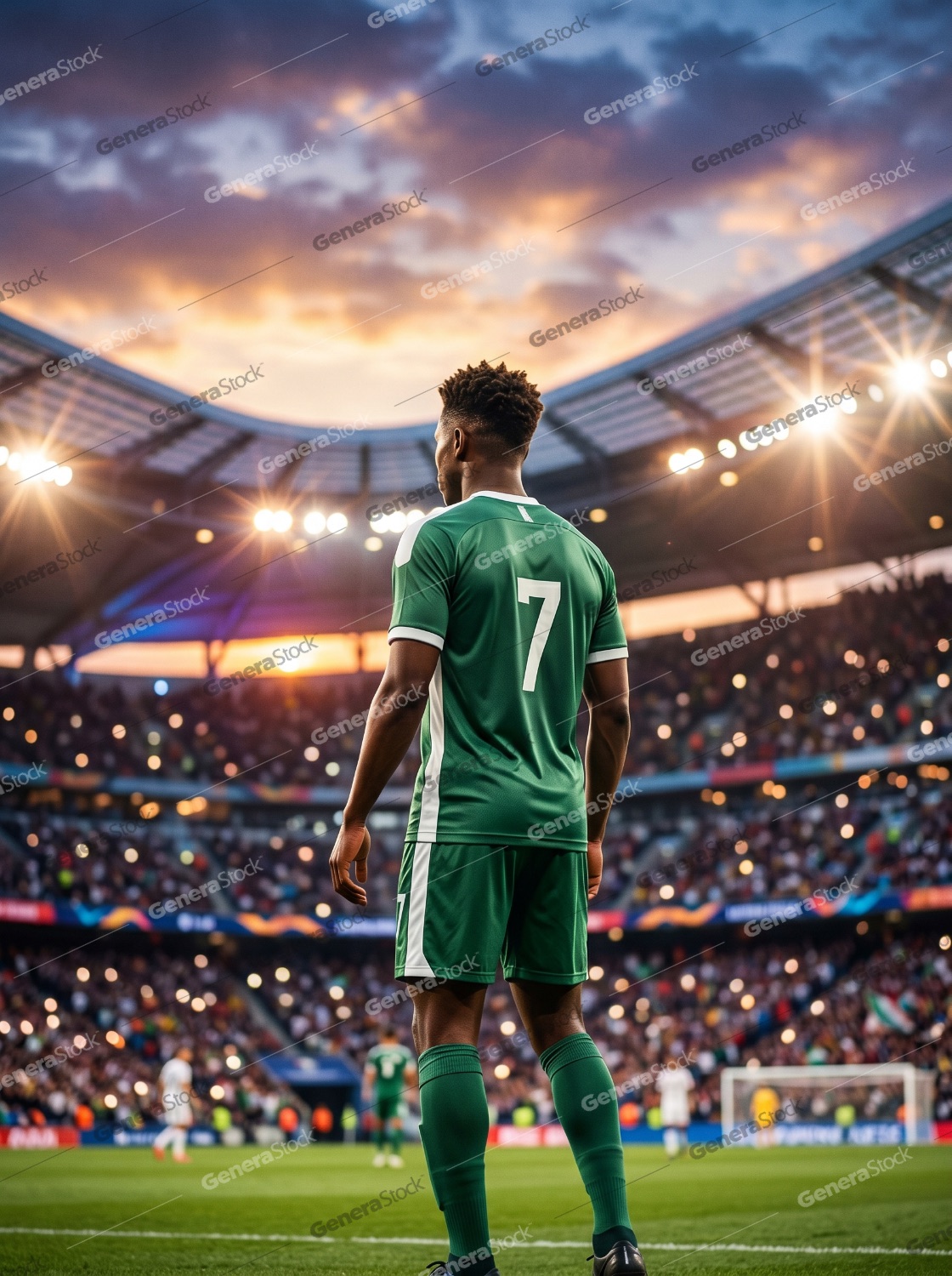 Rear view of a professional soccer player in a green uniform with number 7 standing in a large stadium during a sunset match