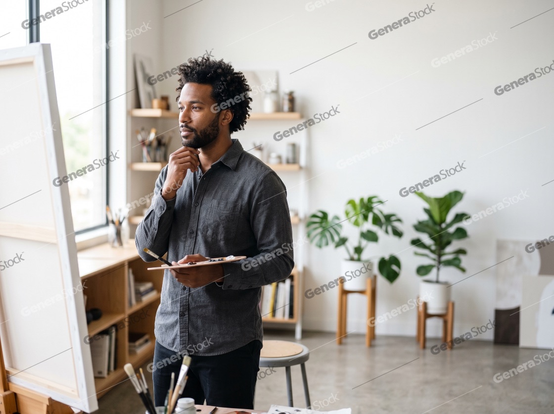 Thoughtful Black Male Artist Holding Palette and Looking at Canvas in Bright Modern Studio