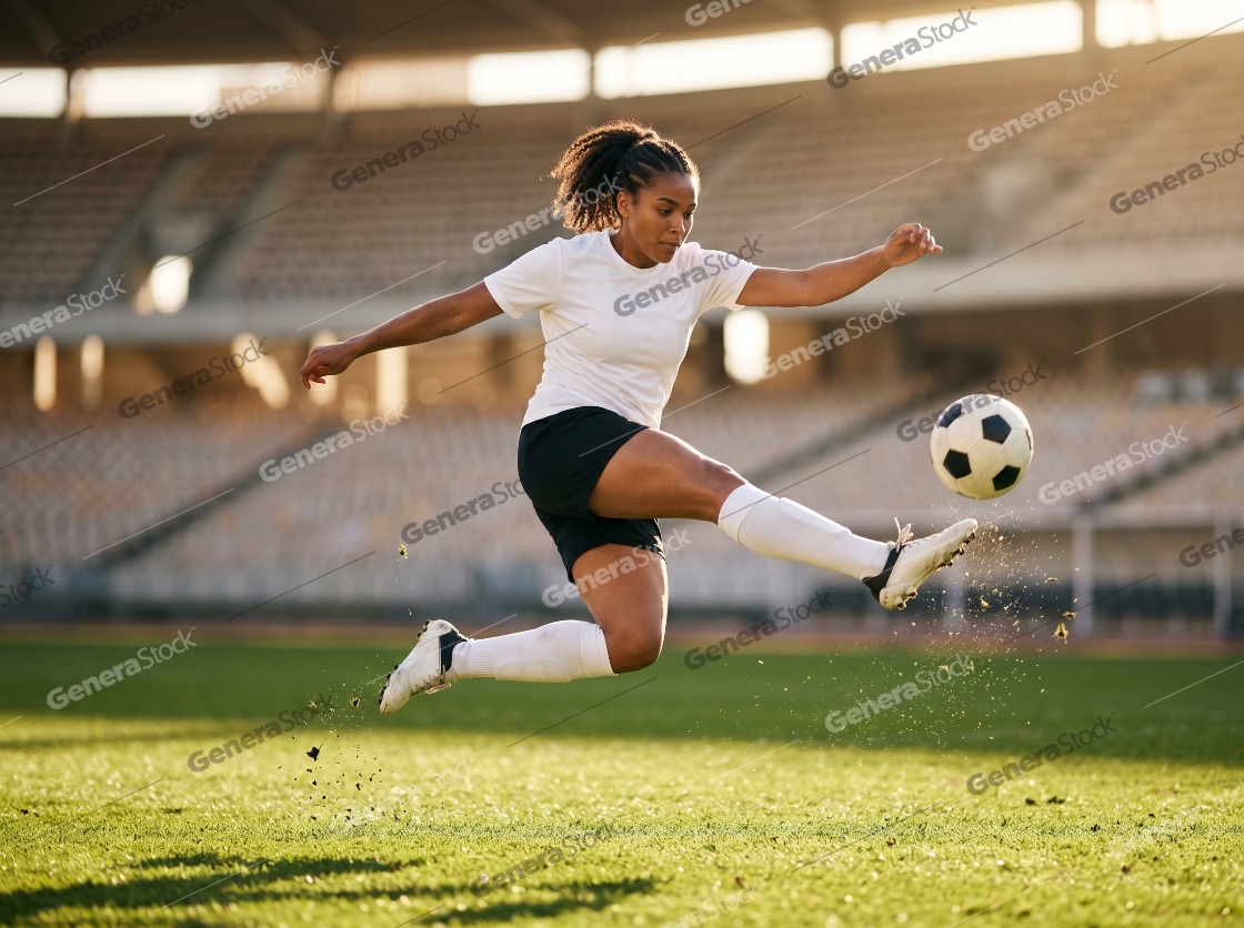 Athletic Black Woman Soccer Player Kicking Ball in Mid-Air During Training Session at Stadium