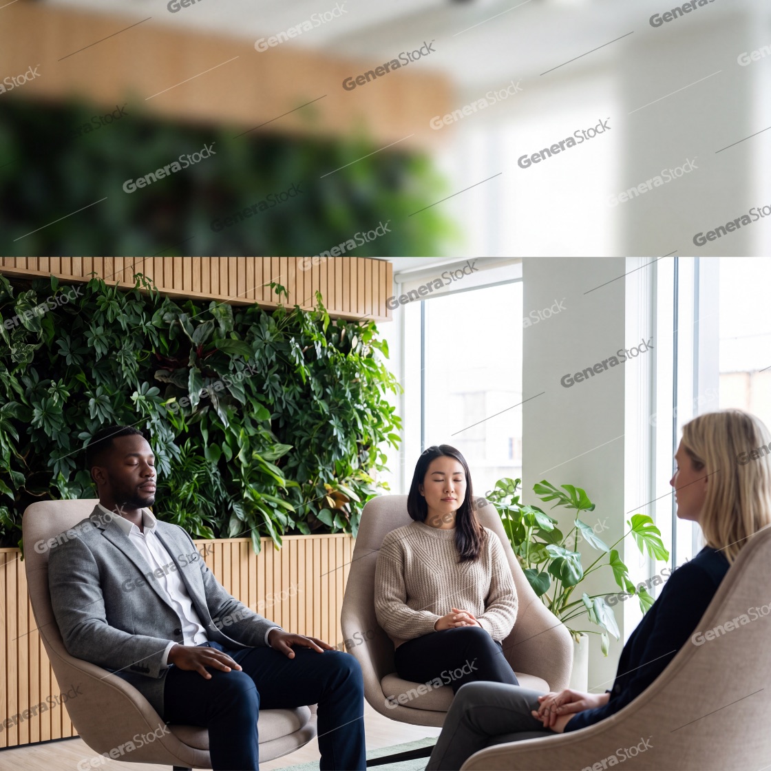 Diverse colleagues sitting in comfortable chairs with eyes closed during a guided meditation session in a bright, biophilic office space featuring a lush green plant wall