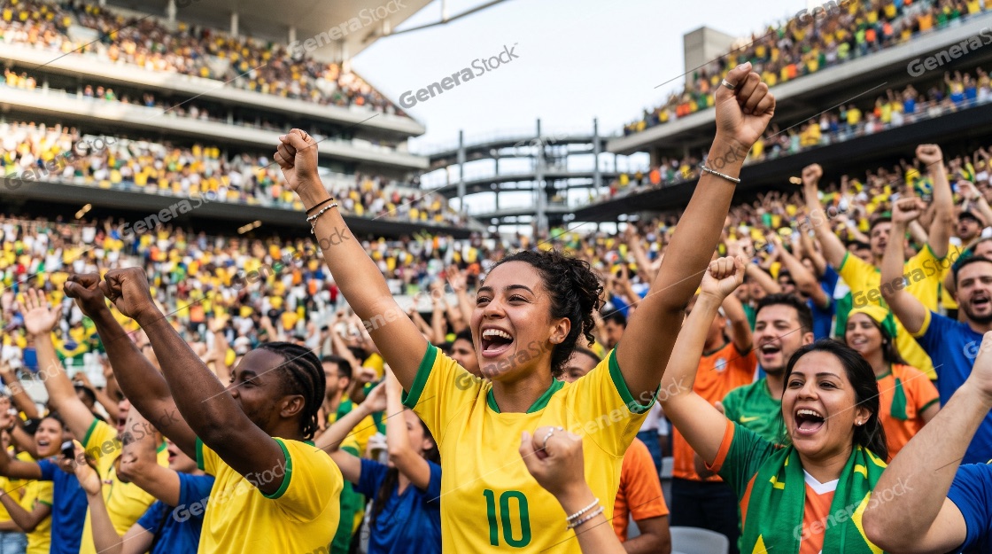 Enthusiastic Brazilian football fans cheering and celebrating with arms raised in a crowded stadium during a soccer match