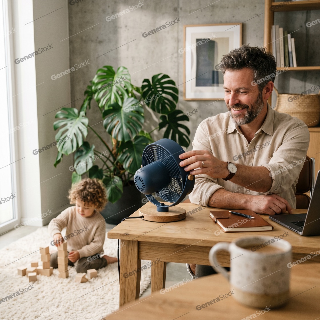 Smiling man working from home while adjusting a desk fan with his child playing in the background