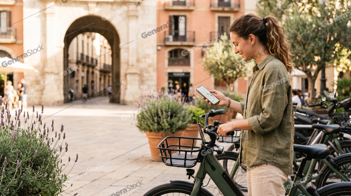 Smiling young woman using a mobile app on her smartphone to unlock a shared electric bicycle in a historic city plaza