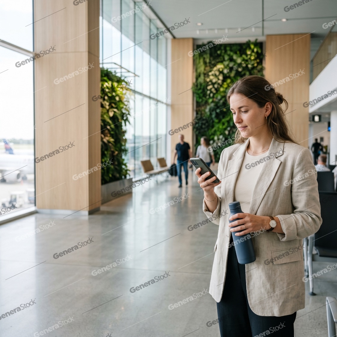 Young professional woman using smartphone and holding reusable water bottle in modern airport terminal with vertical garden