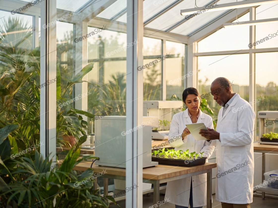 Professional diverse scientists in white lab coats collaborating in a modern greenhouse, examining young plant seedlings and using a digital tablet for agricultural research at sunset