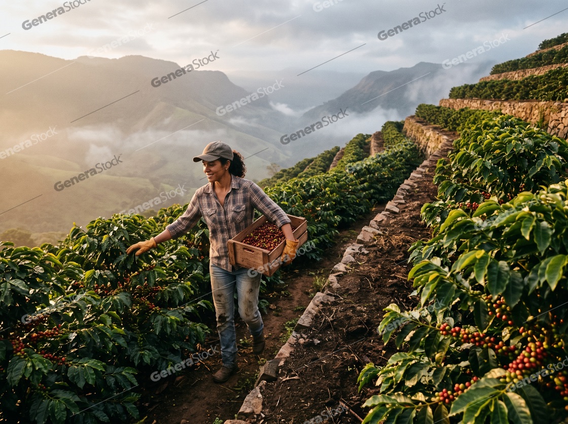 A female coffee farmer carrying a crate of freshly harvested cof