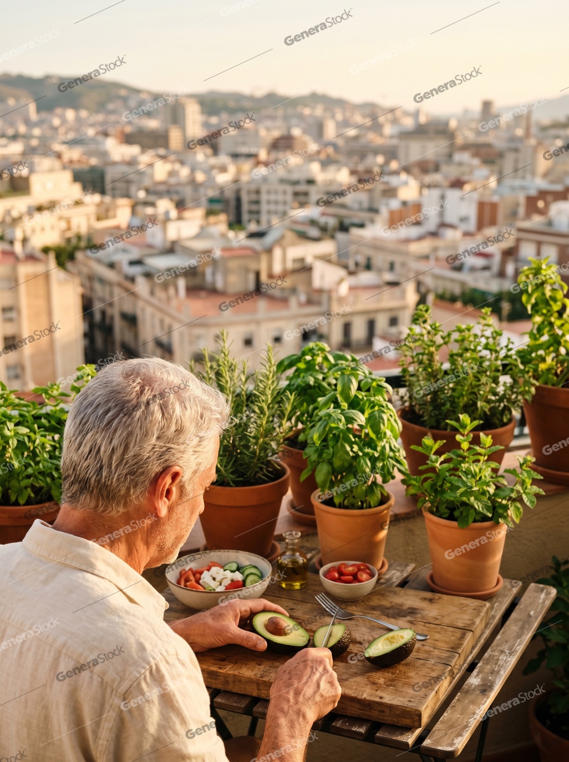 Senior man preparing a healthy meal with fresh avocado and salad on a rooftop balcony overlooking the city at sunset