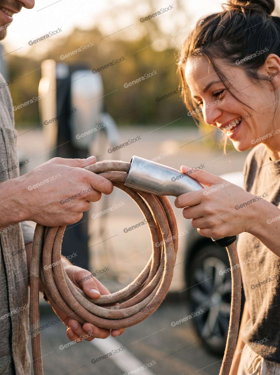 A cheerful young couple holds an electric vehicle charging cable