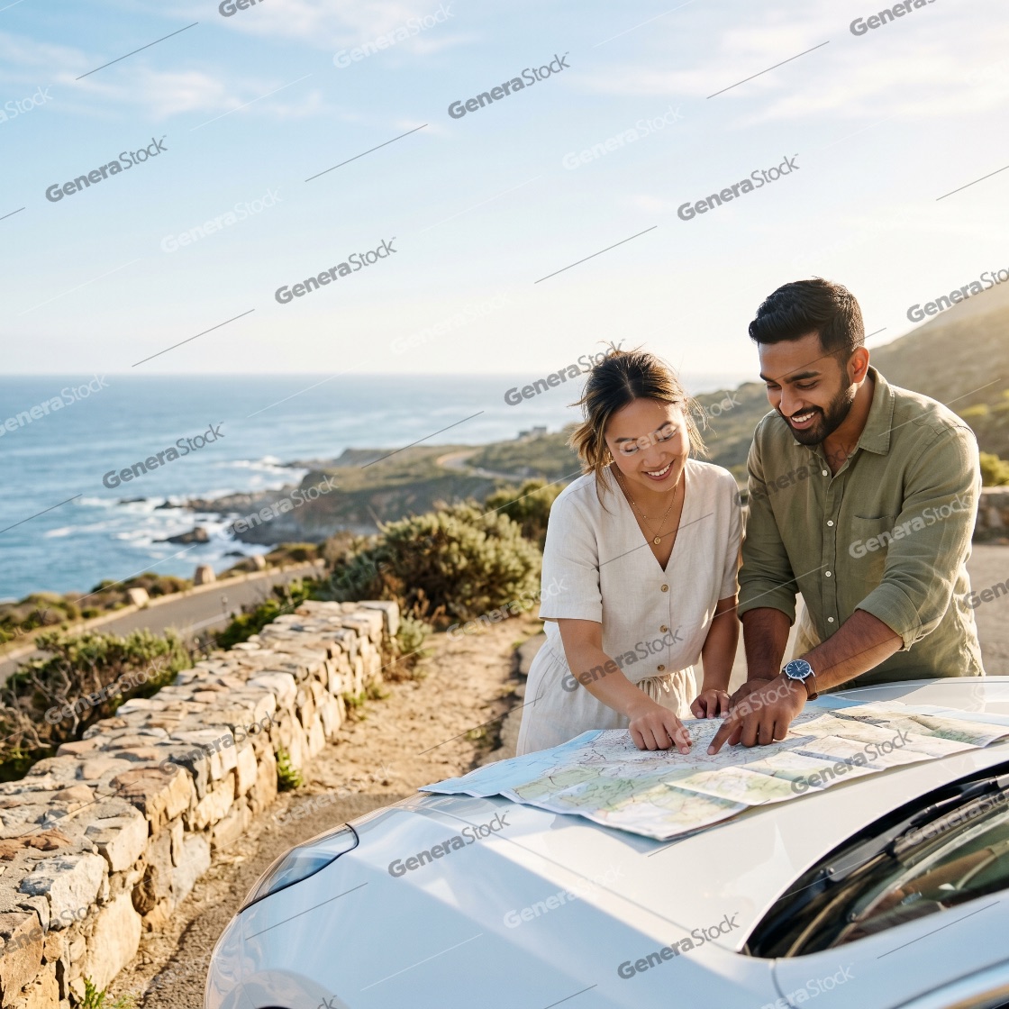 Diverse young couple planning their travel route on a paper map while parked on a scenic coastal road overlooking the ocean