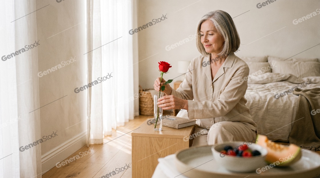Serene senior woman with grey hair placing a red rose in a glass vase in a bright bedroom