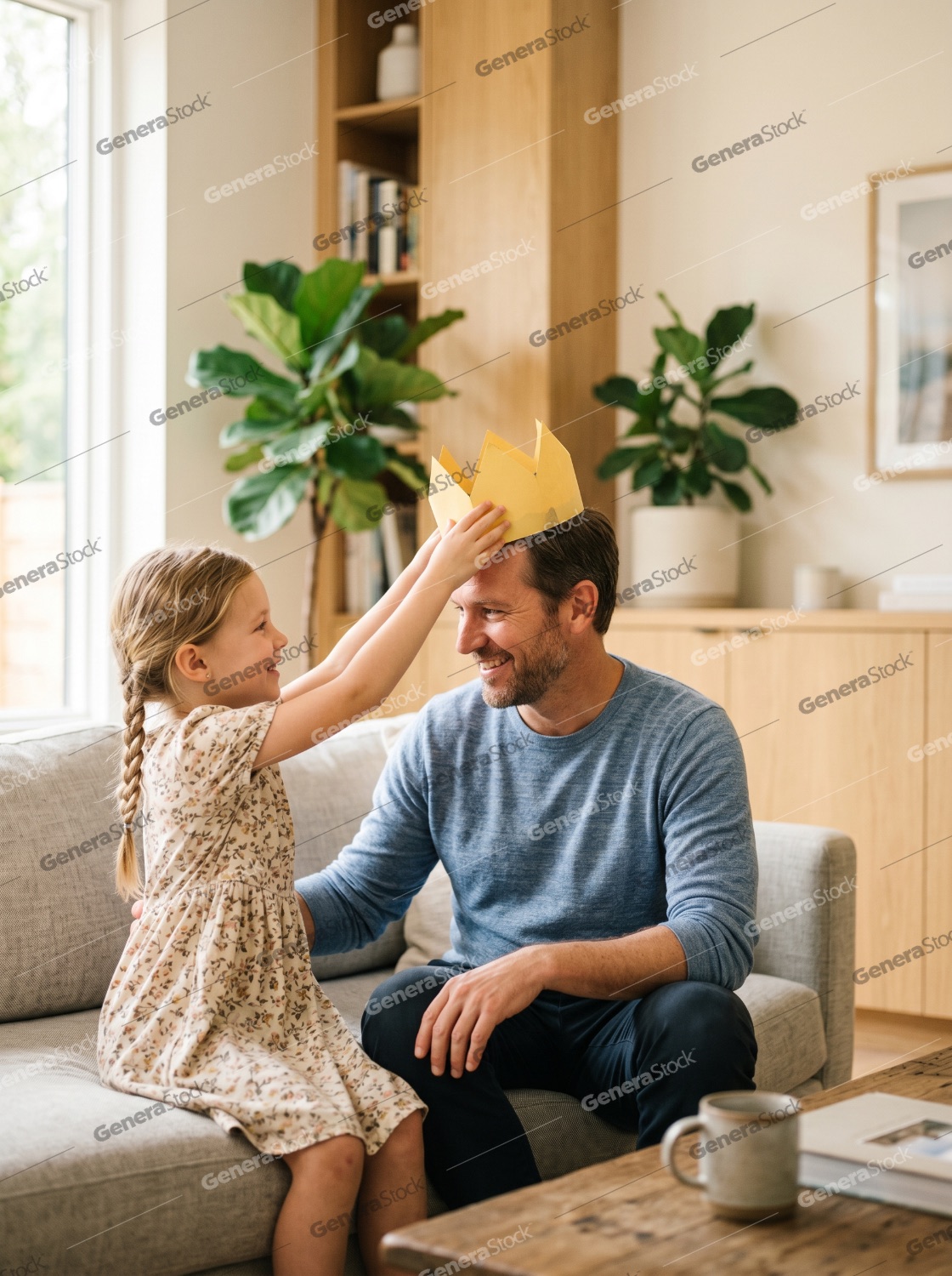 Happy little girl putting a yellow paper crown on her father's head while playing together on a sofa at home