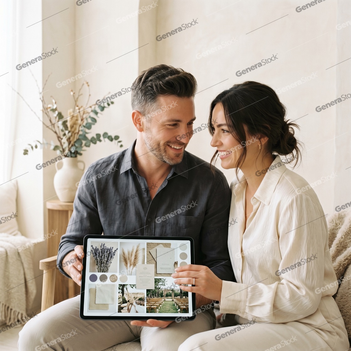 Happy young couple planning their wedding using a digital tablet with a mood board at home