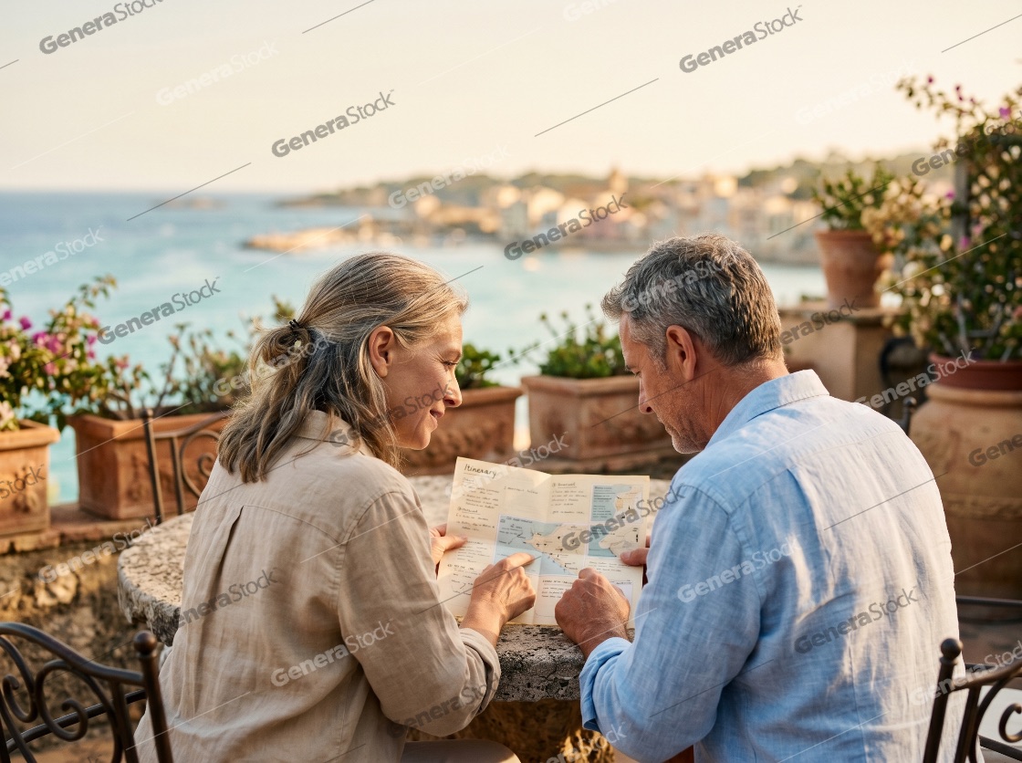 Senior couple planning their travel itinerary on a terrace overlooking the Mediterranean sea