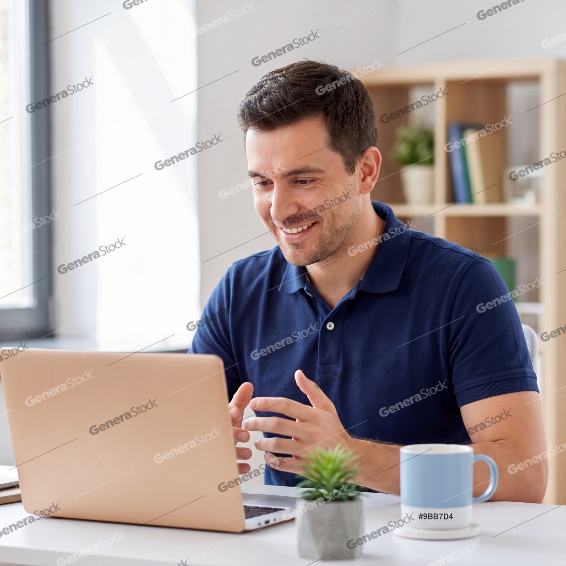 A smiling young man in a blue polo shirt participates in a video conference call on his laptop while sitting at a desk in a bright home office, gesturing with his hands during a conversation