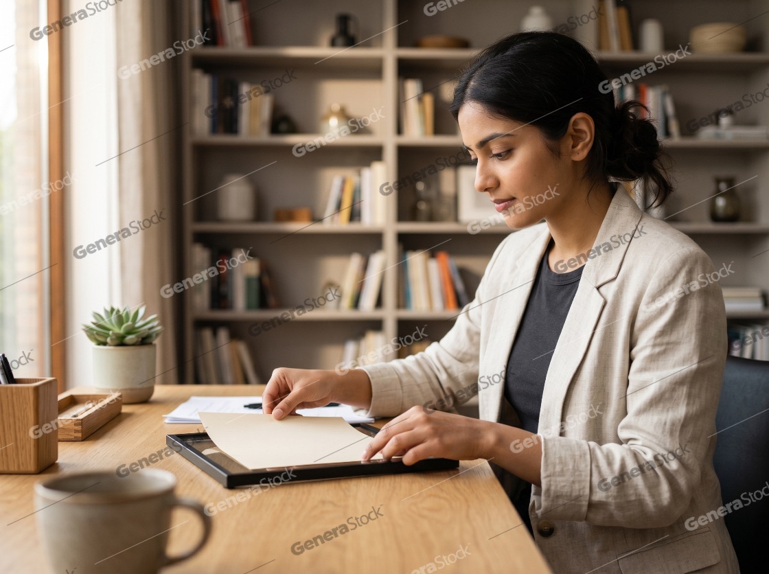 Young professional woman framing a document or certificate at her home office desk