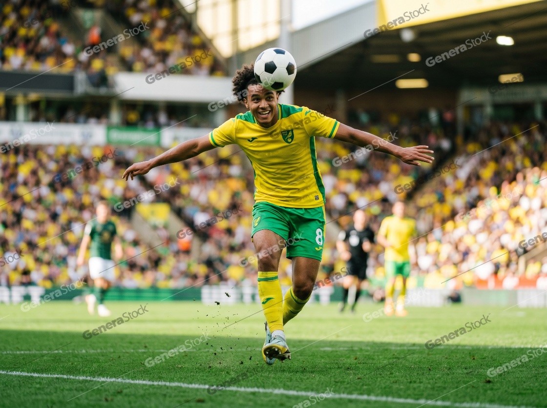 Professional soccer player in a yellow and green kit heading the ball during a competitive match in a packed stadium