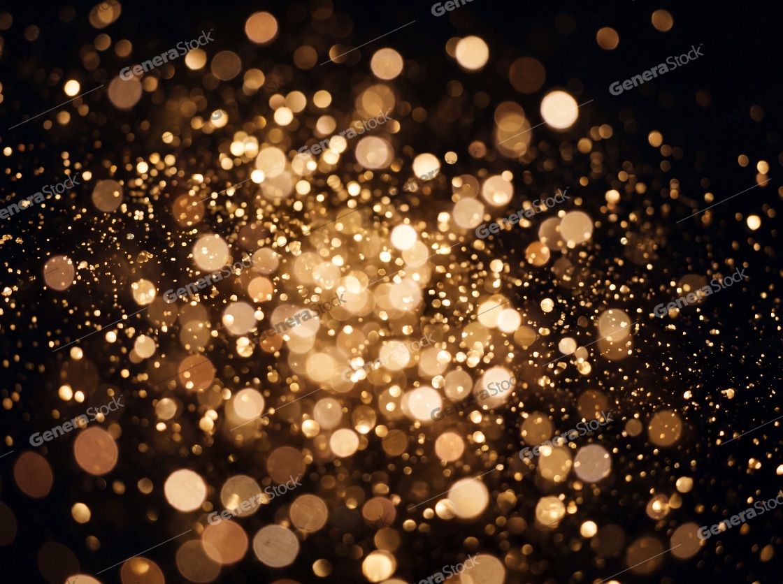 Shimmering golden bokeh lights and sparkling glitter particles on a dark background for festive holiday celebrations