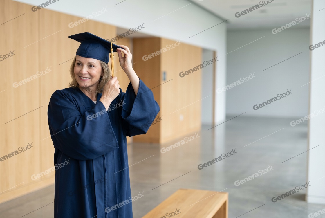 Smiling mature woman graduate in blue cap and gown adjusting her tassel on graduation day