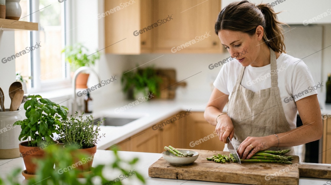Young woman in a beige apron chopping fresh green asparagus on a rustic wooden board in a bright modern kitchen