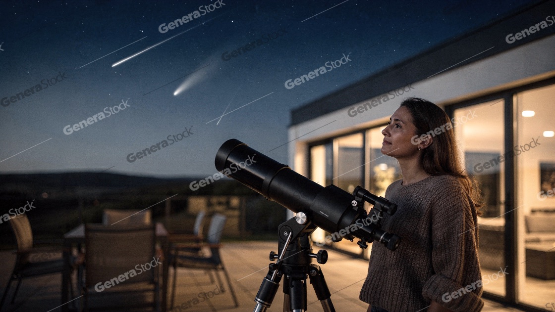 A young woman observes a meteor shower and a comet through a pro
