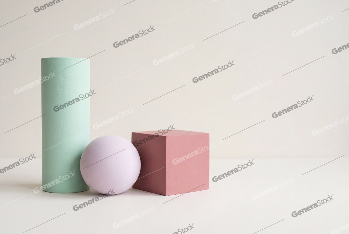 Minimalist Pastel Geometric Shapes Composition with Cylinder Sphere and Cube