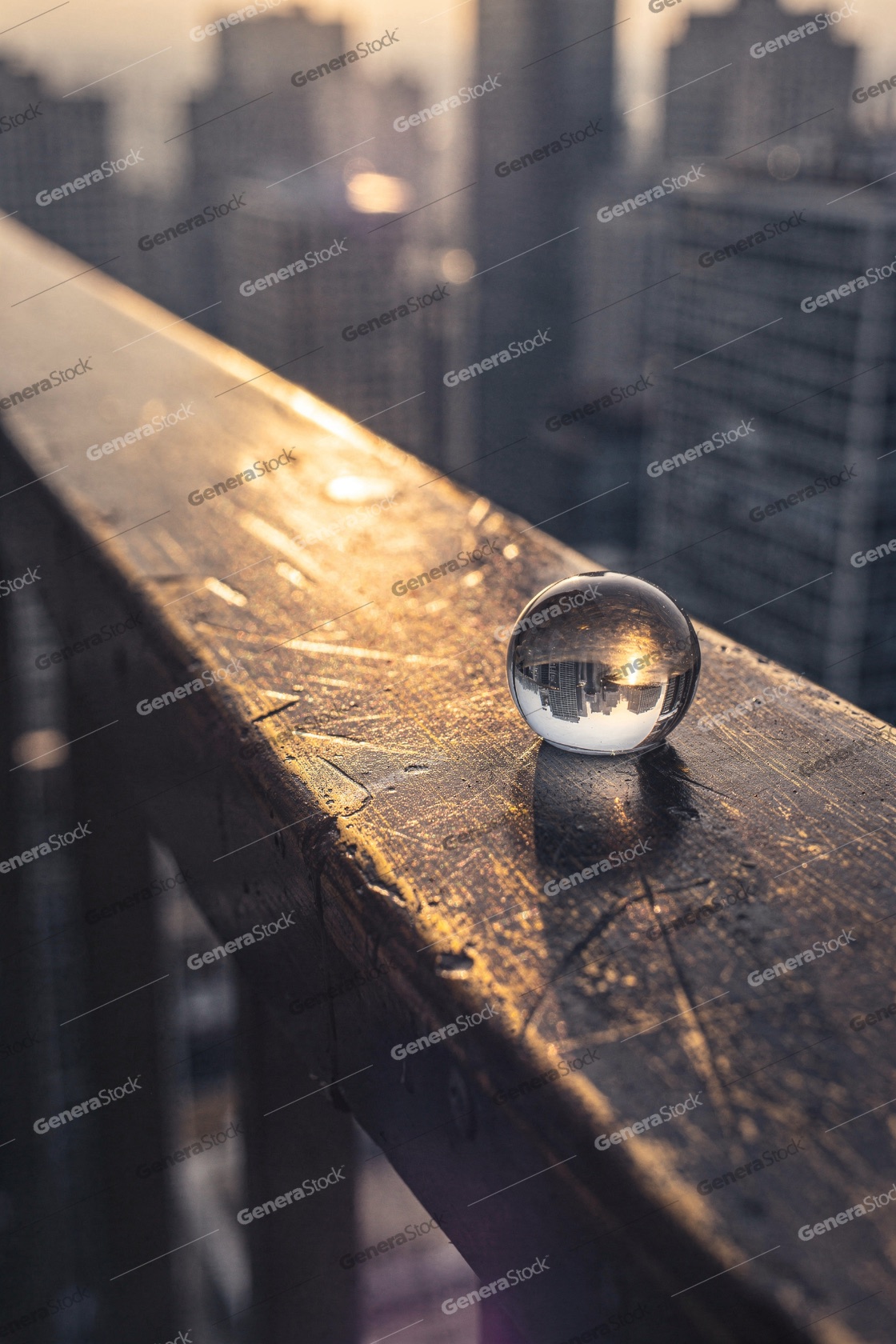 Crystal ball resting on a high balcony railing reflecting an inv