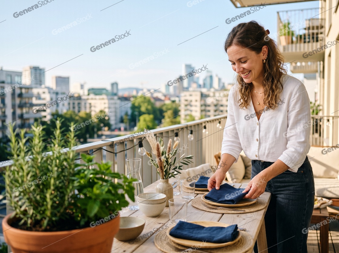Smiling young woman setting a dining table on an urban balcony with city skyline view