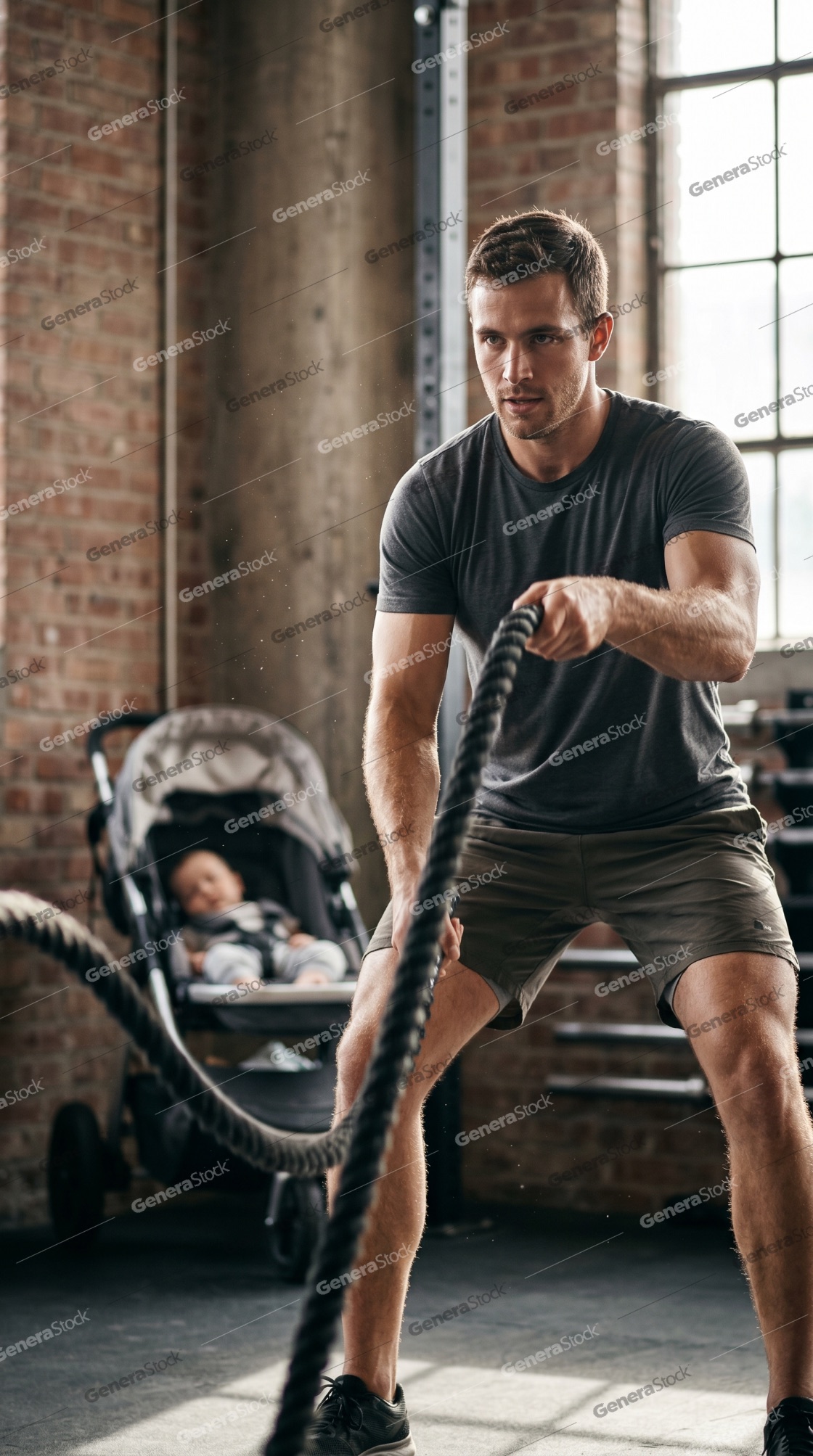 Athletic young father training with battle ropes in a gym while his baby rests in a stroller nearby