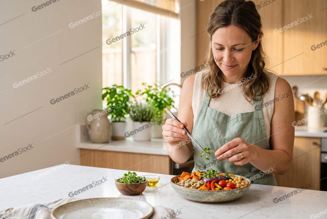 Woman in green apron garnishing a healthy vegetarian Buddha bowl with microgreens in a bright, modern kitchen