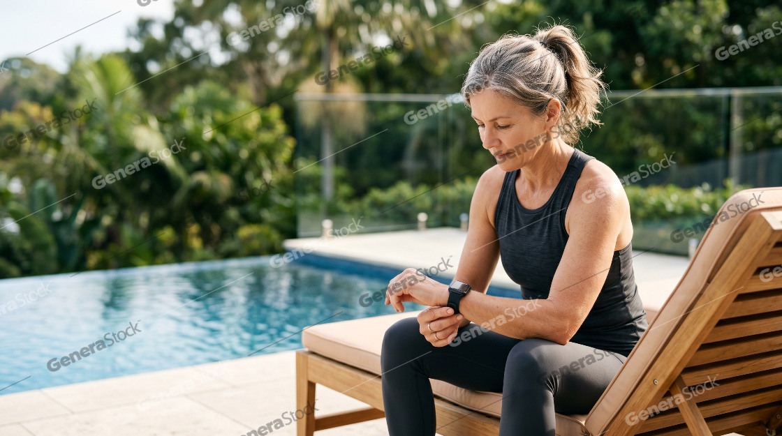 Mature woman in fitness wear checking her smartwatch while sitting by a swimming pool outdoors