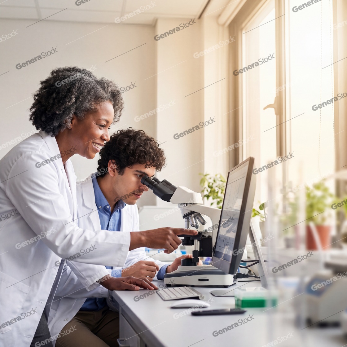 Dedicated diverse team of scientists collaborating in a bright clinical laboratory, with a senior female mentor guiding a young male student using a microscope and analyzing data on a screen