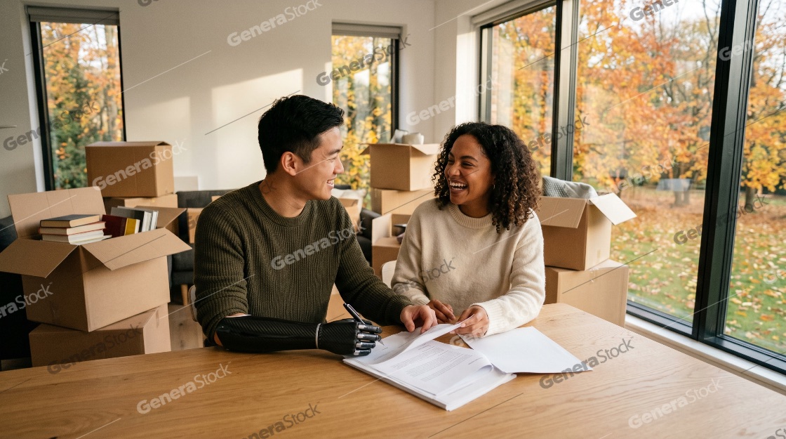 Happy diverse couple, including a man with a prosthetic arm, laughing while signing documents in their new home surrounded by moving boxes
