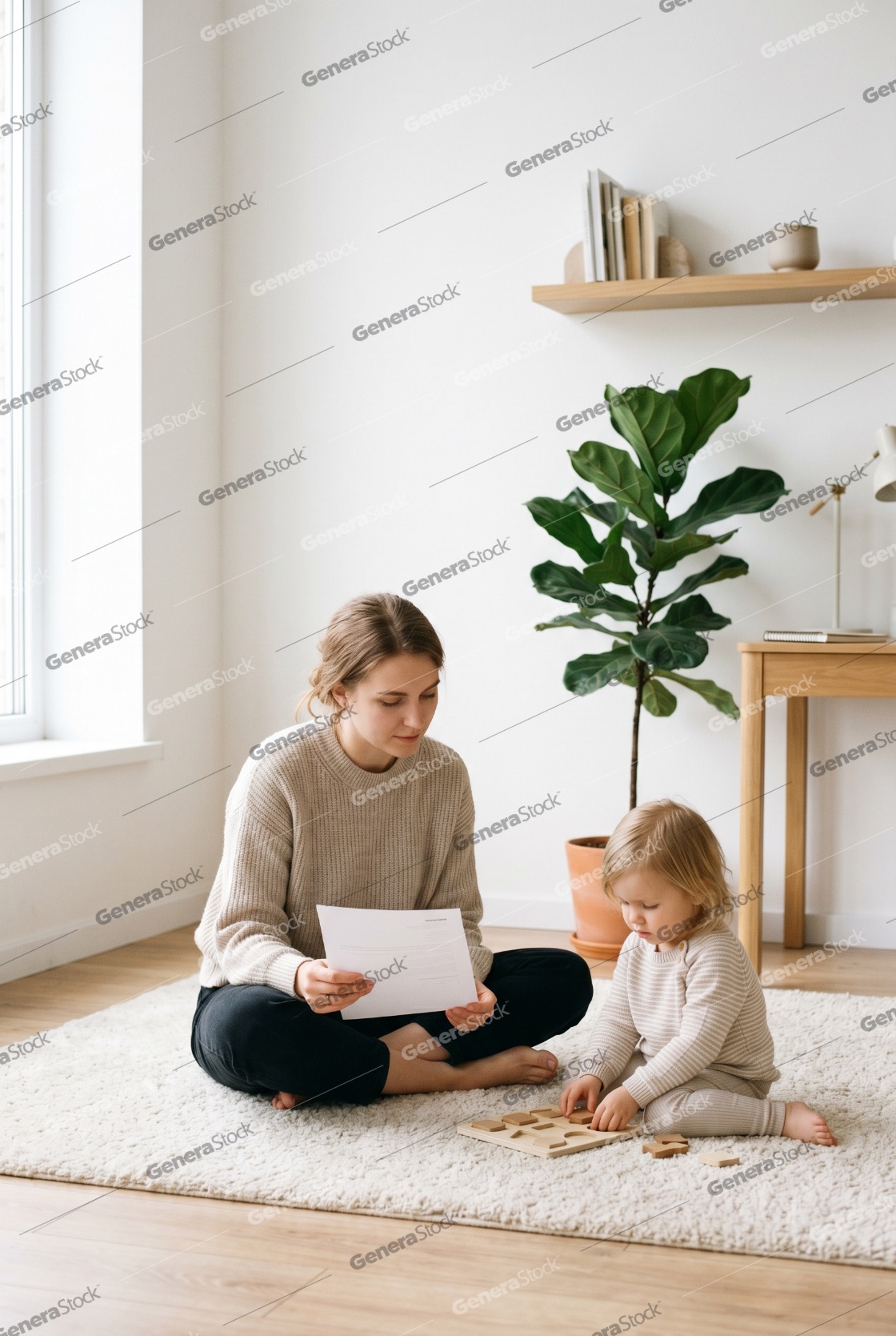 Young Mother Reading Document While Toddler Plays with Wooden Puzzle on Rug at Home