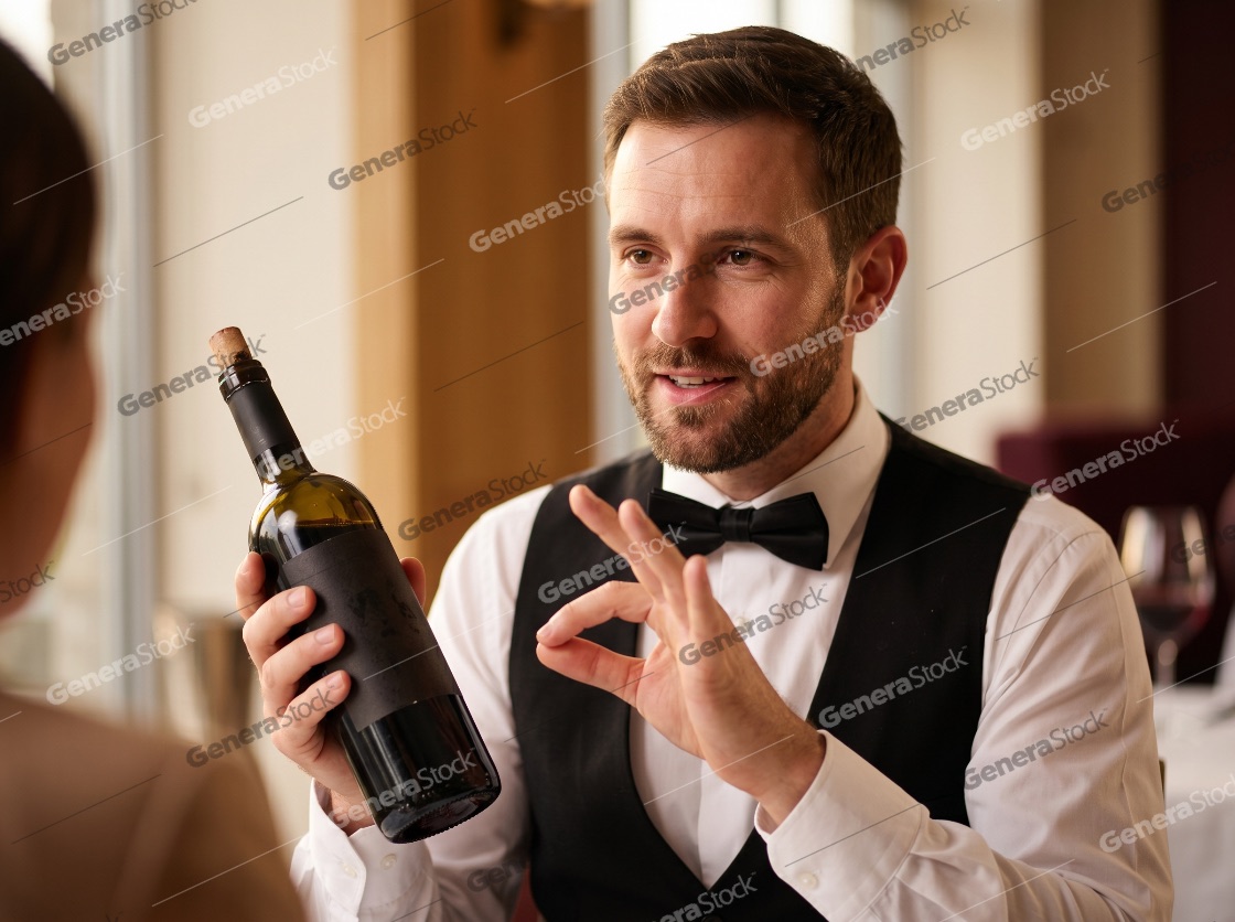 Professional Sommelier Recommending a Bottle of Red Wine to a Customer in a Luxury Restaurant