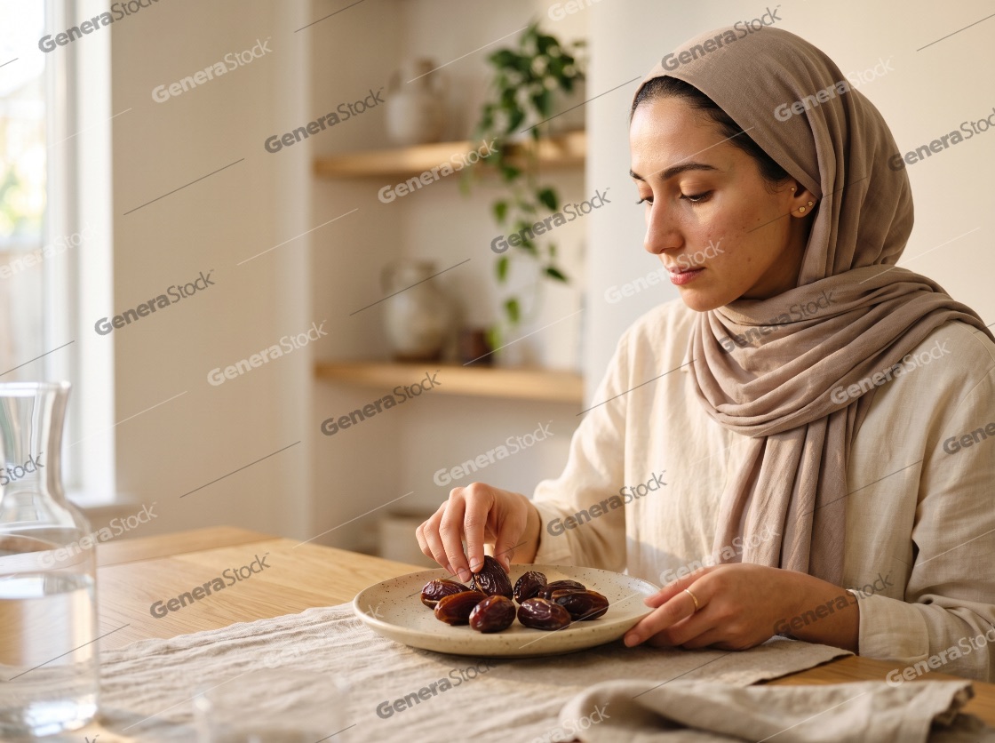 Young Muslim woman in a hijab sitting at a table and picking up a date from a plate, breaking her fast during Ramadan