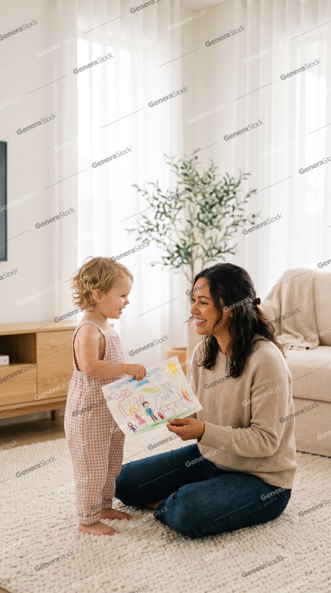 Happy Toddler Showing a Colorful Drawing to Her Smiling Mother at Home