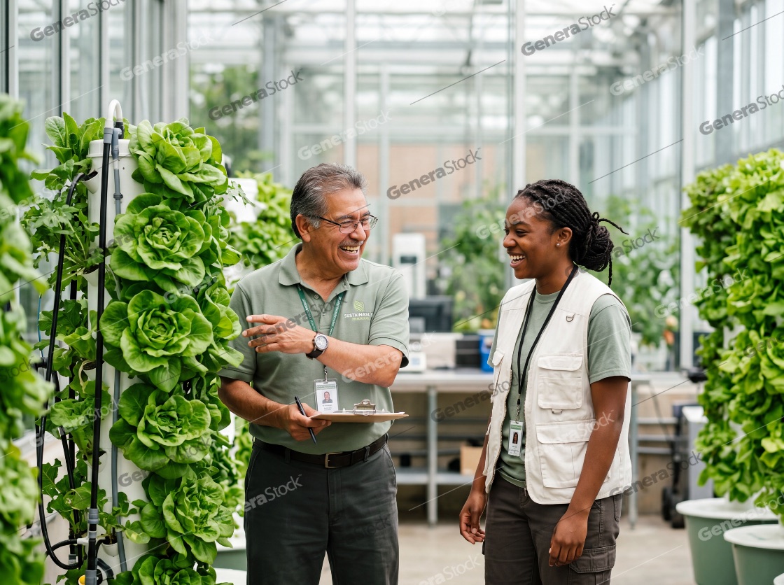 Diverse agricultural scientists discussing vertical hydroponic farming in a modern greenhouse