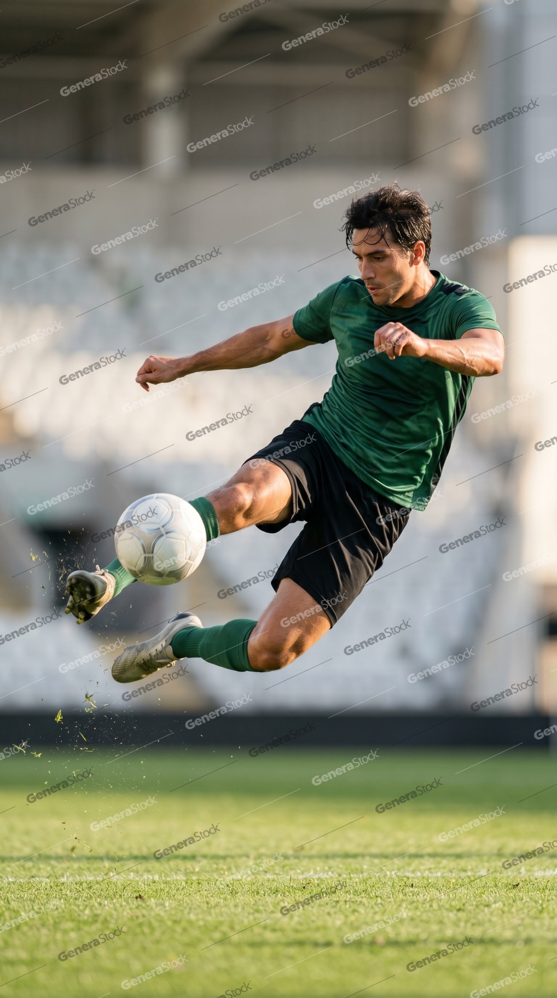 Professional soccer player in a green jersey performing a powerful mid-air volley kick during a match in an empty stadium