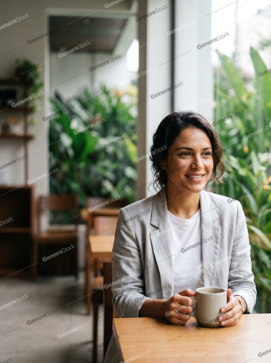 A happy middle-aged woman in business casual attire enjoying a cup of coffee in a modern, plant-filled cafe