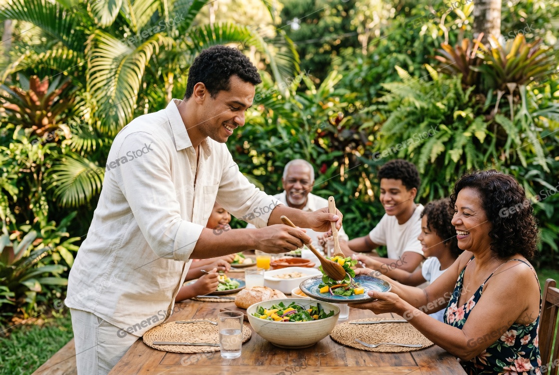 Smiling young man serving fresh salad to his family during an outdoor lunch in a lush tropical backyard garden