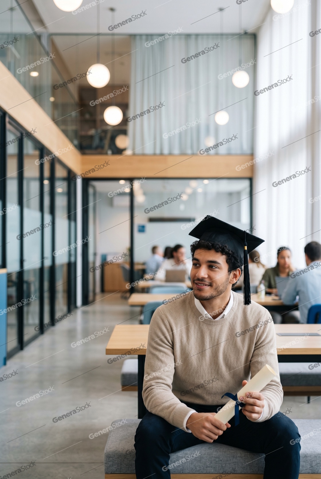 Proud young male graduate wearing a mortarboard and holding a diploma in a modern coworking office space